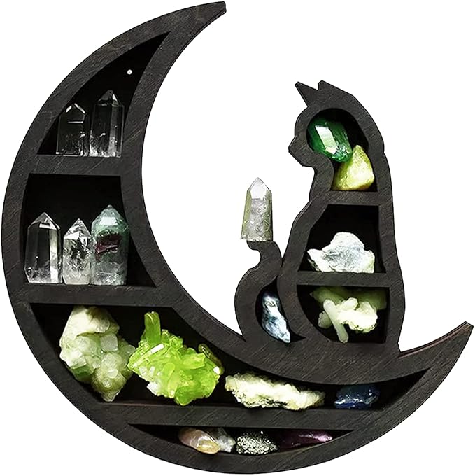 EMVANV Wooden Crystal Shelf, Moon Cat Home Improvement Wall Mounted Jewelry Rack Wooden Crystal Shelf Kitchen(Black,Size:30x30x3cm)