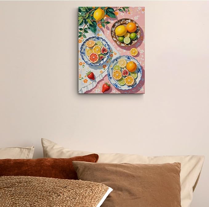 Italian Lemon Wall Art, Citrus Fruits Theme Oil Painting Framed Canvas Print Summer Room Decor, Rustic Lemon Orange Painting for Living Room Kitchen Dining Room Restaurant Decor 15x11.4 inch