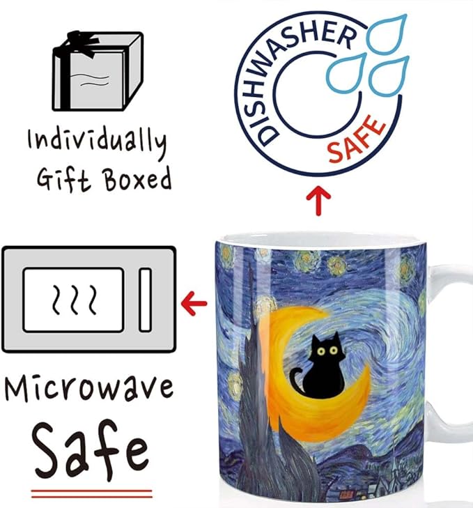 Famous Art Paintings Funny Cat Coffee Mug for Artist Art Lover Teacher Cat Lovers, Famous Picture Classic Vincent Aesthetic Canvas Mug Birthday Gift for Women Man (Starry Night)