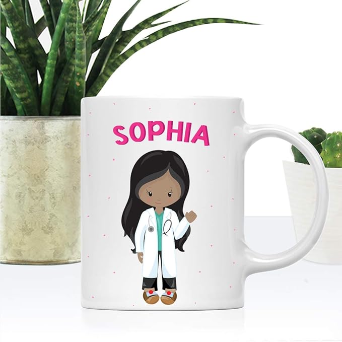 Andaz Press Personalized 11oz. Kids Milk Hot Chocolate Mug, Black Haired Girl Doctor, 1-Pack, Custom Child’s Birthday Christmas Coffee Cup