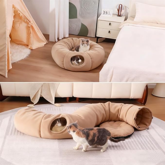 Cat Tunnel Christmas Tree Skirt， Cat Bed Under The Xmas Tree, Soft Plush Kitty Tunnel Bed with Washable Cushion, Two-Entry Peekaboo Round Christmas Cats Donut for Kitten Puppy Rabbit Ferret (Brown)