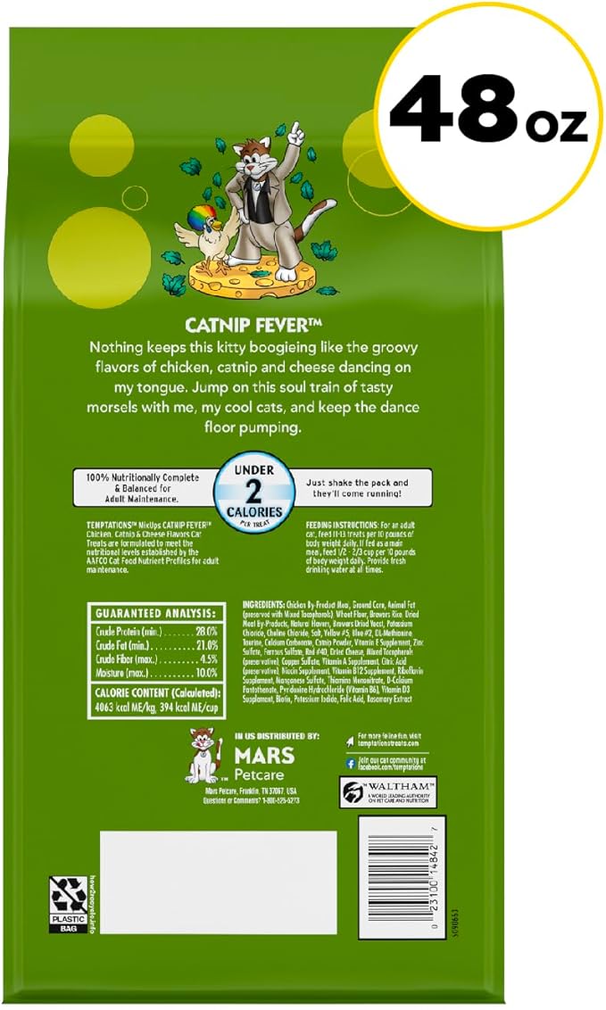 Temptations Cat Treats, Classic Crunchy and Soft Cat Treats, Catnip Fever Flavor, Catnip Treats, 48 oz. Bag
