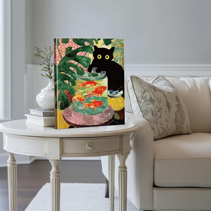 Vintage Cat Goldfish Wall Art Decor Funny Botanical Kitten Print Picture Cat Lover Gifts Wall Decor for Home Living Room 8x10 Inch Canvas Framed