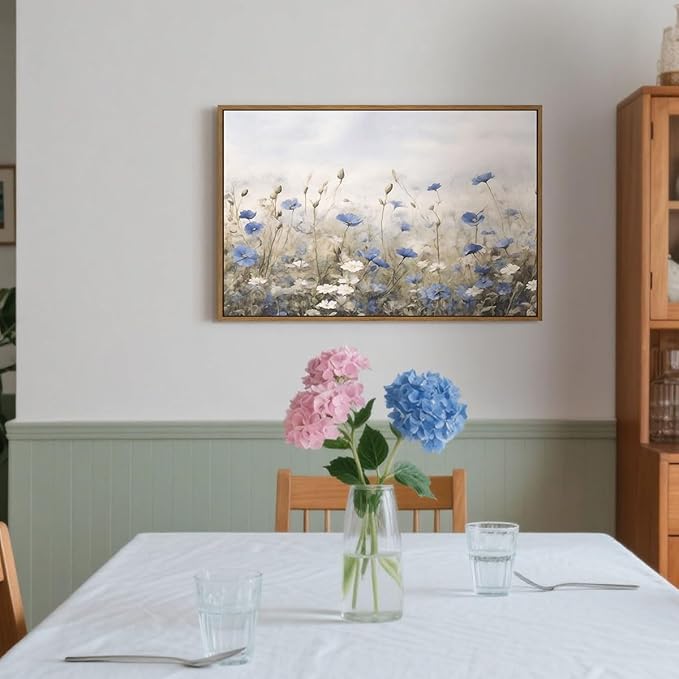 Vintage Floral Wall Art Blue White Flower Canvas Art Prints Wildflower Pictures Wall Decor Nature Landscape Oil Painting Framed Botanical Artwork for Girls Room Bedroom Farmhouse Decoration, 16''x24''