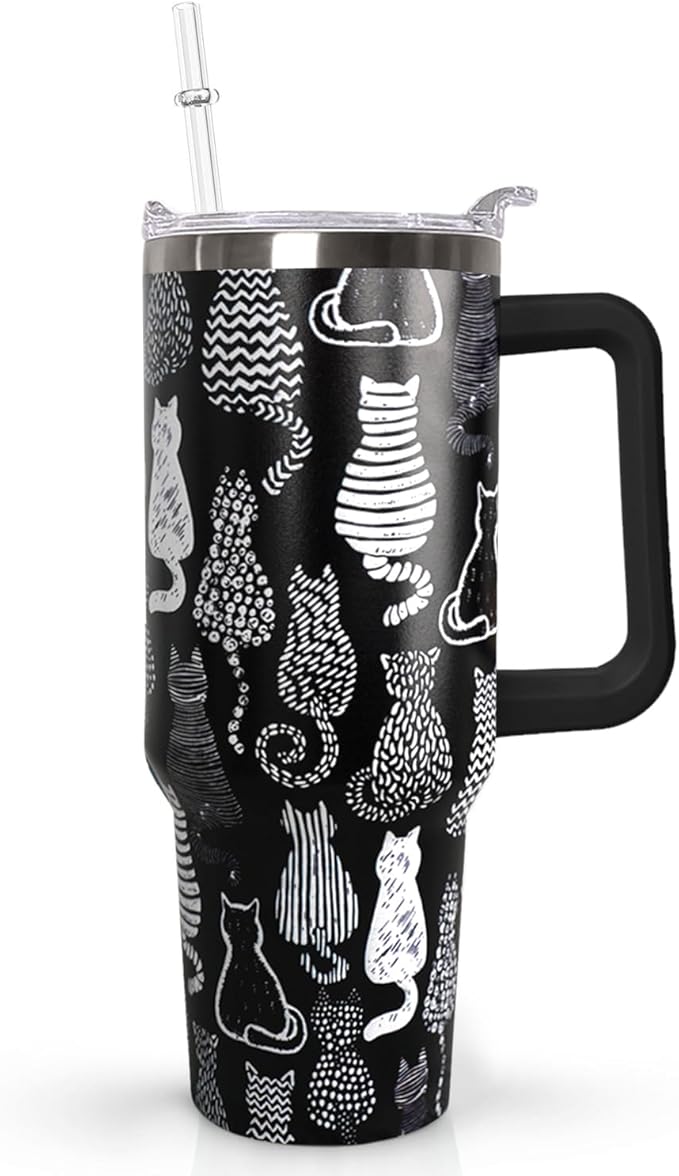 Ceovfoi 40 Oz Black Cat Coffee Travel Mug Cup Water BottleTumbler With Handle,Cat Decor,Black Cat Gifts for Women