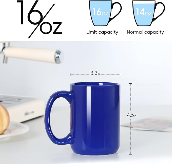16 OZ Porcelain Coffee Mug, Classic Blank Ceramic Cup with Large Handle for Tea Latte Cappuccino, Blue