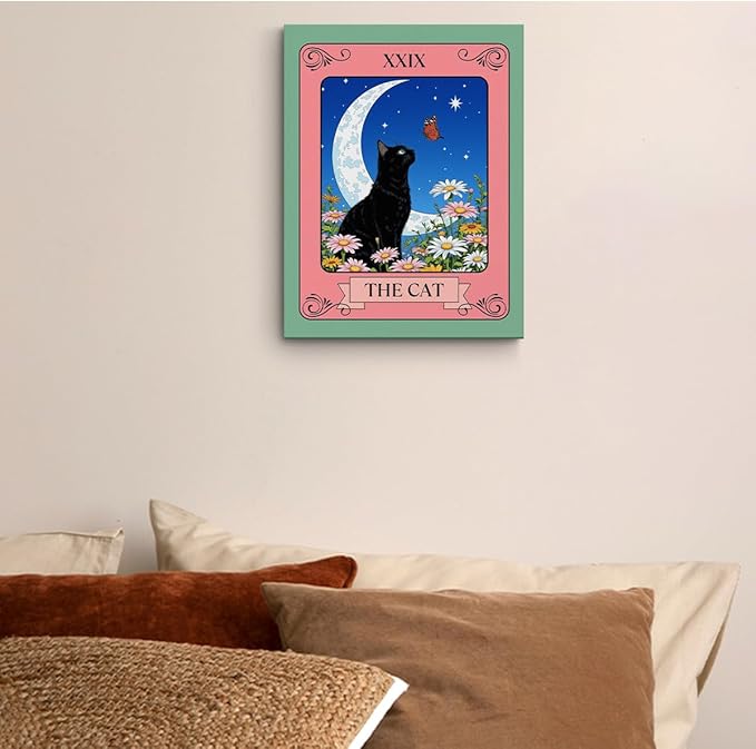The Cat Tarot Card Wall Art, Gifts for Cat Lovers, Botanical Flower Framed Canvas Prints Aesthetic Decor, Vintage Moon Posters Artwork for Walls Living Room Entryway Bedroom Decor 15x11.4 inch