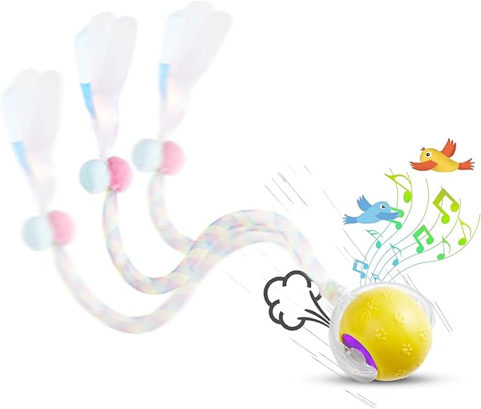 Interactive Cat Toys for Indoor Cats, Fast Rolling, Chirping, Motion Activated Automatic Cat Toy for Enrichment, Smart Cat Ball Toy 1 Count with 2 Tails and 3 Speed Adjustment, Yellow