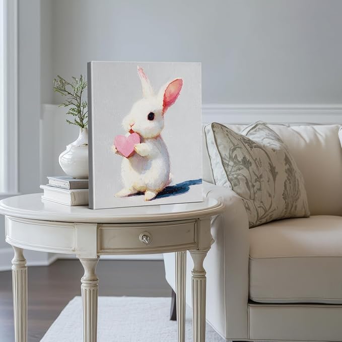 Cute Vintage Bunny Wall Art Decor Bunny with Pink Heart Print Picture Cute Animal Wall Decor for Home Farmhouse Living Room 8x10 Inch Canvas Framed