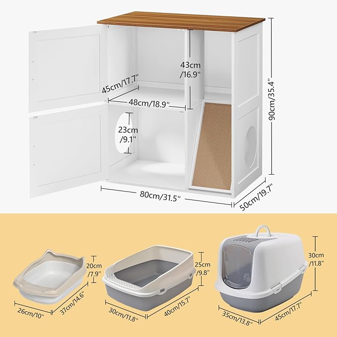 Litter Box Enclosure for 2 Cats, Hidden Litter Box Furniture with Scratch Pad, Double Litter Boxes Enclosure, Wooden Cat Washroom, Indoor Cat House End Table, White and Walnut CWBZ3201