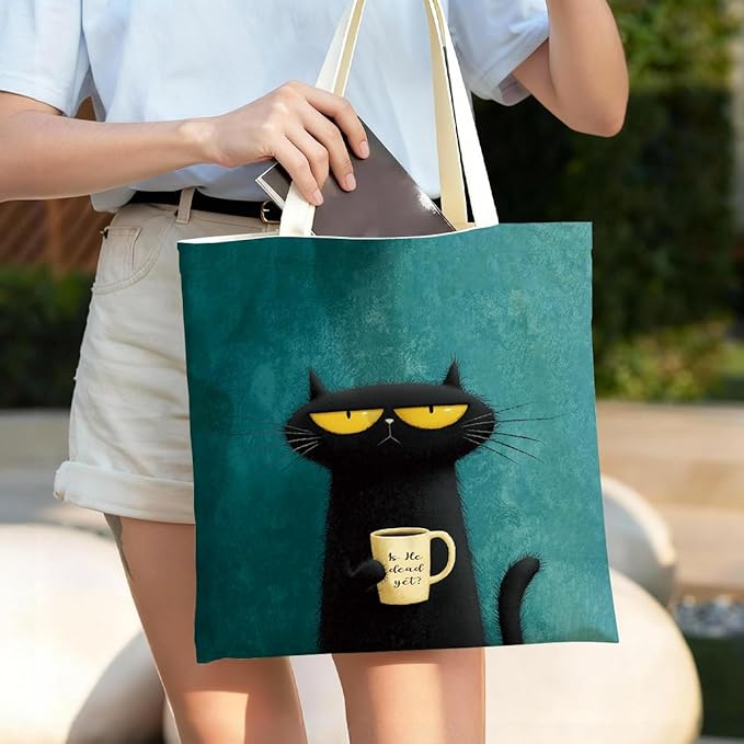 Funny Black Cat Coffee Canvas Tote Bag for Women, Grumpy Cat Lover Gift Reusable Grocery Shopping Shoulder Bag, Aesthetic Black Cats Tote for Work Beach Gym