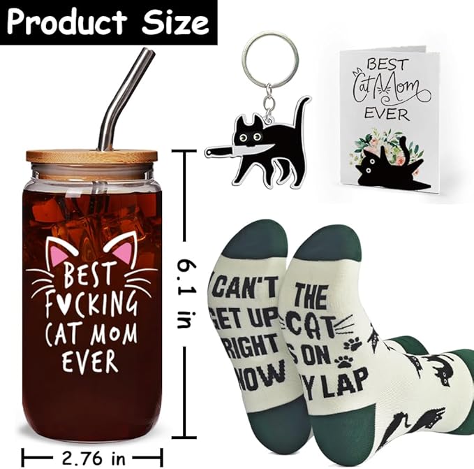 Funny Cat Glass Cup Set Best Cat Mom Ever Gifts for Cat Lover, Christmas Birthday Mothers Day Gifts for Cat Mom, Cute Cat Themed Gifts for Women Sister Bestie Daughter