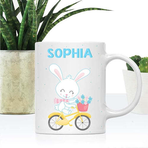 Andaz Press Personalized 11oz. Kids Milk Hot Chocolate Mug, Rabbit Yellow Bicycle, 1-Pack, Custom Child’s Birthday Christmas Coffee Cup