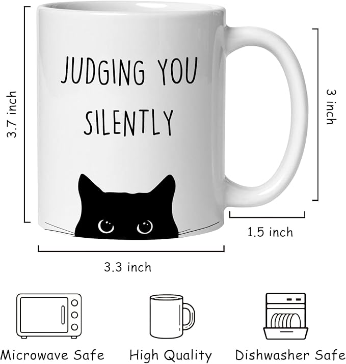 Funny Black Cat Mug, Black Cat Gifts Coffee Cup Ceramic, Cats Lover Lady Mom Dad Gifts, Judging You Silently Funny Kitty Kitten Ceramic Coffee Tea Mug 11 oz