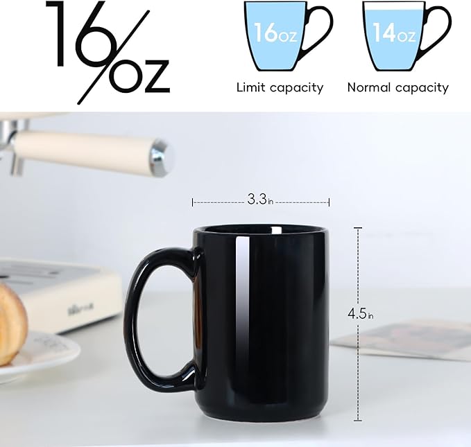 16 OZ Porcelain Coffee Mug, Classic Blank Ceramic Cup with Large Handle for Tea Latte Cappuccino, Black