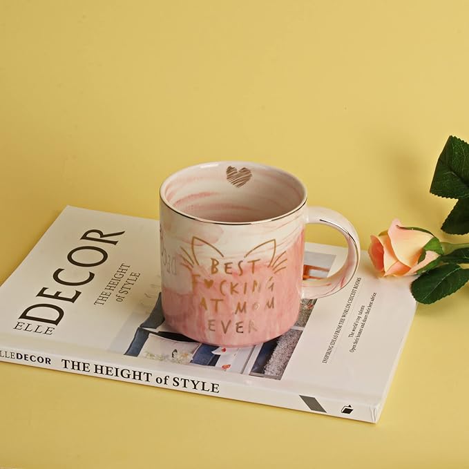 Cat Mom Gifts for Women - Crazy Cat Lady Coffee Mug Gift for Kitten Lover Mom, Daughter, Sister, Aunt, Wife, Best Friends, BFF, Coworkers, Her - Best Mom Ever - Pink Marble Mug, Ceramic 11.5oz Cup