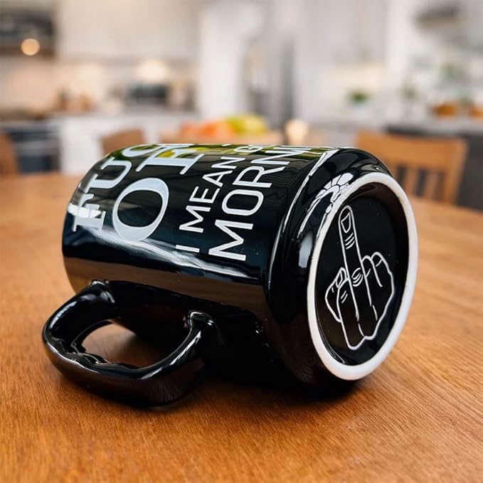 Fuck Off Middle Finger Mug, 17 Oz Ceramic Coffee Mug with Middle Finger Bottom, Offensive Humor Mug, Sarcastic Cup, Gag Gift for Coworker, Friend, Husband, Adult Humor Coffee Mug Black, Fuck Mug