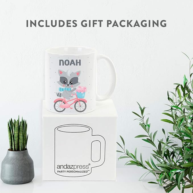 Andaz Press Personalized 11oz. Kids Milk Hot Chocolate Mug, Raccoon Pink Bicycle, 1-Pack, Custom Child’s Birthday Christmas Coffee Cup