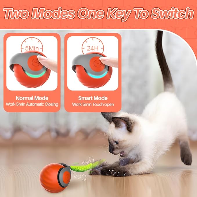 Speedy Cat Toy,Smart Self Rolling Interactive Toy Balls Automatic Moving,Chase Toys for Bored Indoor Kitten/Adult Cats, Rechargable (Orange)