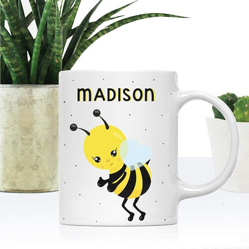 Andaz Press Personalized 11oz. Kids Milk Hot Chocolate Mug, Busy Bee Posture 2, 1-Pack, Custom Child’s Birthday Christmas Coffee Cup
