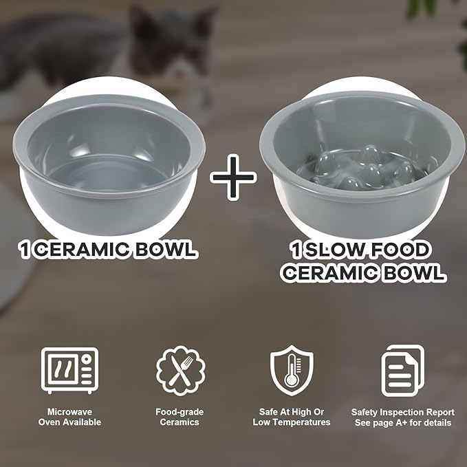 Upgraded Adjustable Height Cat Food Bowls Stand Ceramic Dog Bowls and Slow Feeder Cat Bowl, 15°Tilted Stand Anti Vomiting Raised for Small and Medium Sized Cats Dogs (Grey (2 Bowl+Pet mat))