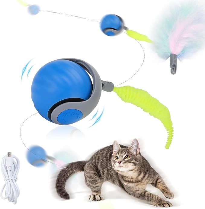 Speedy Tail Automatic Cat Ball Toy Self Rolling Moving Self-Rotating Cat Exercise Ball USB Rechargeable Interactive Hunting Cat Toy (Upgrade Blue)