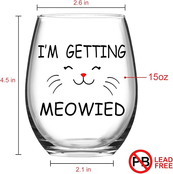 I'm Getting Meowied Funny Wine Glasses - Engagement or Bridal Shower Gift for Cat Lovers, Set of 2 Stemless Wine Glasses, 15 Oz
