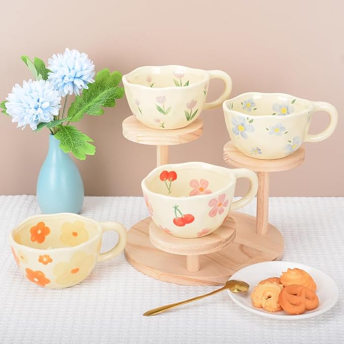 Cute Coffee Mug,Ceramic Tea cup,Kawaii coffee mugs,Handmade Creative Flower Pink mug with Spoon,Aesthetic mugs for milk Cappuccino Cocoa,8.5 oz Cheery Mug Gift for Women Christmas (Blue)
