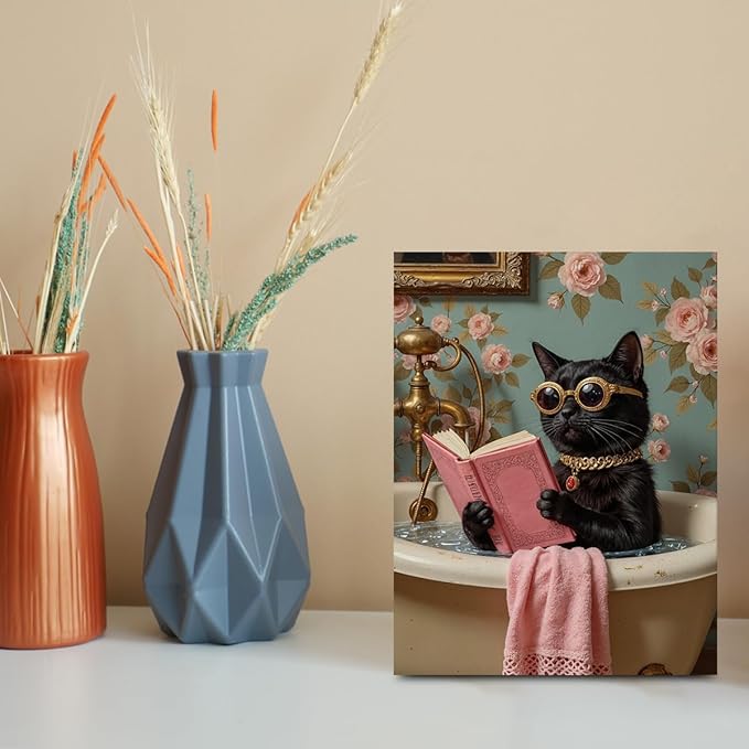 Funny Cat Bathroom Canvas Wall Art, 11.4x15in Cat Framed Art Paintings Wall Decor Unique Gifts Animal Lover Prints Picture for Living Room Bathroom Farmhouse Decor
