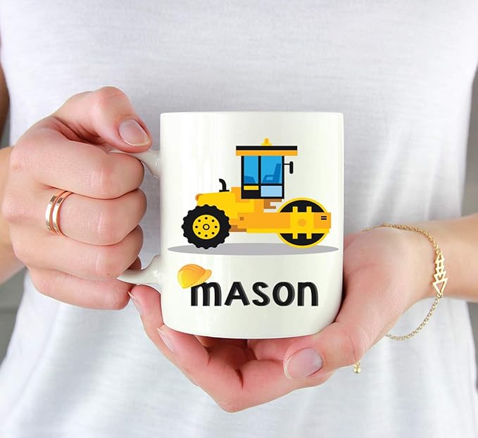 Andaz Press Personalized 11oz. Kids Hot Chocolate Mug, Yellow Construction Truck Road Roller, 1-Pack, Custom Child’s Birthday Christmas Coffee Cup
