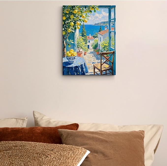 Italy Coast Wall Art, Nature Landscape Watercolor Painting Framed Canvas Print Modern Home Decor, Summer Aesthetic Italian Lemon Prints for Living Room Kitchen Farmhouse Decorations 15x11.4 inch