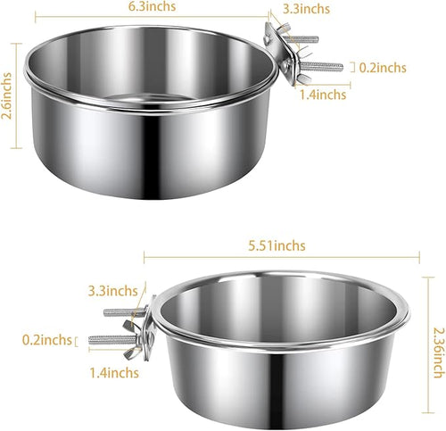 2 Pcs Medium Pet Dog Food Water Bowl for Cage Stainless Steel Non-Spill Kennel Detectable Hanging Cats Pets Bowls with Clamp Holder Crate Feeder Dish for Medium Dogs (5.5x2.3'' & 6.3x2.6'')