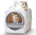 Self Cleaning Cat Litter Box Odor Control, Pull and Scoop Litter Box with Enclosed Lid, Covered Non-Electric Semi-Automatic Self Cleaning Litter Boxes for Large Cats, White& Gray