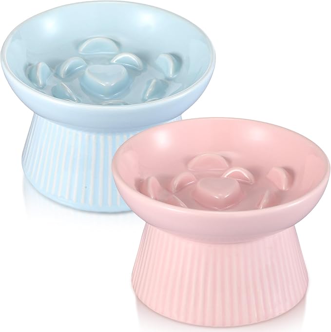 Layhit 2 Pack Raised Slow Feeder Cat Bowls Ceramic Elevated Cat Food Bowls Anti Vomiting Slow Feeder for Dog and Kitten for Dry and Wet Food(Blue, Pink)