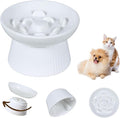Unbreakable Raised Slow Feeder Bowl for Cats and Small Dogs, Elevated Cat Bowls, Detachable Slow Feede Bowl, Heavy Weighted, Non-Slip Feeder, Dry & Wet Food, Whisker Friendly Flat Plates (White