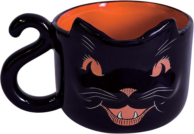 Beistle Vintage Halloween Ceramic Black Cat Mug – Retro Style Holiday Coffee Cup, Orange Drinkware with Classic Cat Face Design, Seasonal Gift Party Tableware, Dishwasher and Microwave Safe, 12 Oz