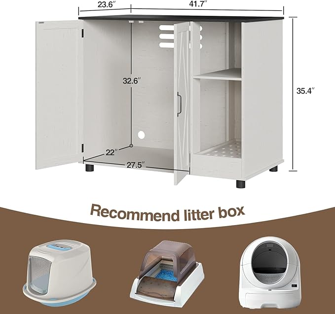 Large Litter Box Enclosure with Litter Collector & Dog-Proof Shelf, Hidden Litter Box Furniture for Self Cleaning Litter Box, Wodden Litter Box Cabinet, Cat Box Enclosure, Side Table, White