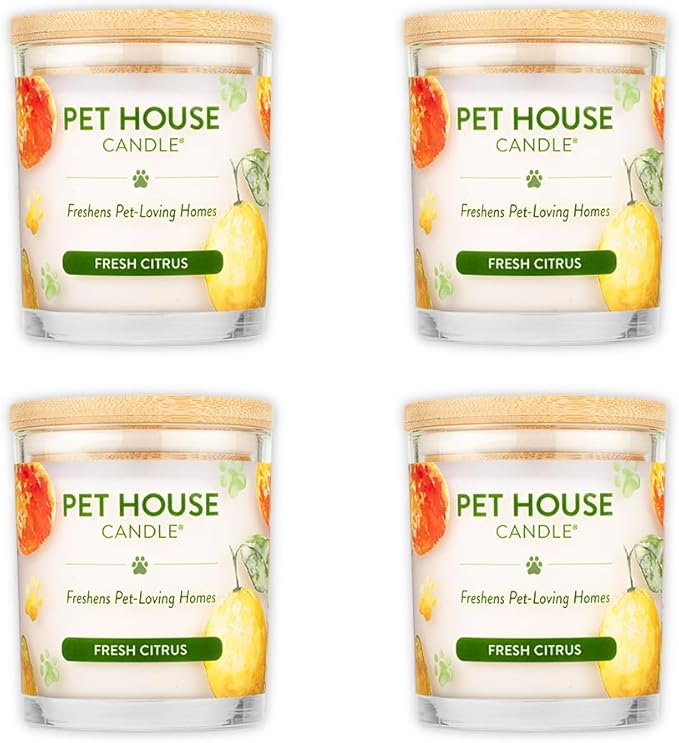 One Fur All Pet House Soy Candles, Clean Burning, Long Lasting, Plant-Based Scented Candles for Pet Odor, Fresh Citrus, 4 Pack