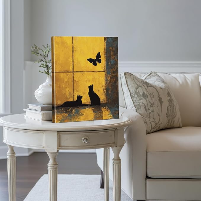 Vintage Black Cat Gold Wall Art Decor Cats and Butterfly Print Picture Cat Lover Gifts Wall Decor for Home Living Room Bedroom 8x10 Inch Canvas Framed