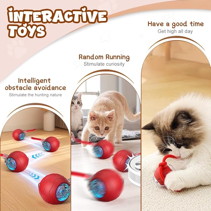 Interactive Cat Toys Ball for Indoor Cats, 2025 New Cat Toy, Automatic Moving Cat/Dog Balls, Electric Rolling Ball Toy for Bored Indoor Adult Cats,Dogs (Red)