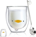 Binoster Duck Mug Cute Mugs Glass Double Wall Insulated Glass Espresso Cup, Coffee Cup, Tea Cup, Milk Cup,Kawaii Gift for Office and Personal Birthday Christmas (Duck)
