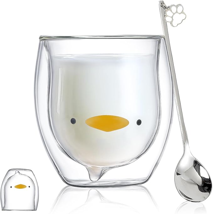 Binoster Duck Mug Cute Mugs Glass Double Wall Insulated Glass Espresso Cup, Coffee Cup, Tea Cup, Milk Cup,Kawaii Gift for Office and Personal Birthday Christmas (Duck)