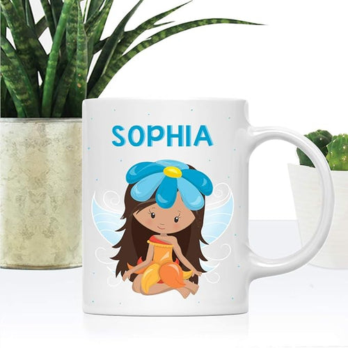 Andaz Press Personalized 11oz. Kids Milk Hot Chocolate Mug, Orange Fairytale Princess with Blue Flower, 1-Pack, Custom Child’s Birthday Christmas Coffee Cup