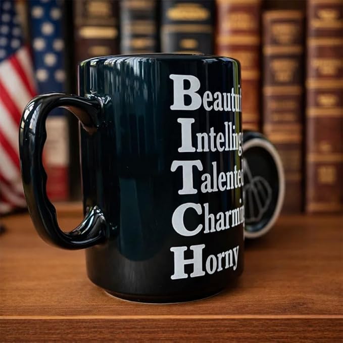 DongNaiWin Funny Coffee Mug for Women – Beautiful Intelligent Talented Charming Horny – Black Ceramic Cup with Finger Bottom, Sarcastic Novelty Gift for Best Friend, Sister, Coworker – 17 oz