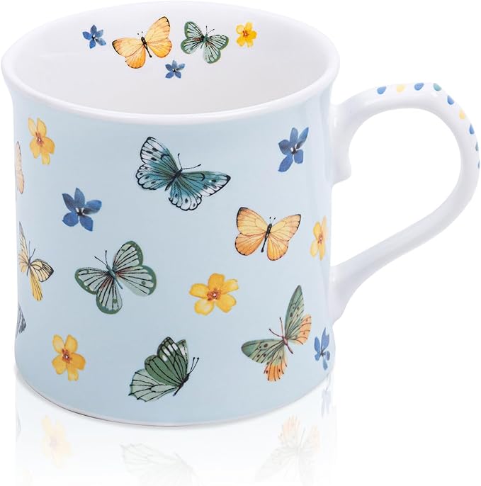Colorful Butterfly & Floral Coffee Mug – 12 oz Premium New Bone China Blue Tea Cup, Elegant Ceramic Mug Gift for Women, Mom & Butterfly Lovers – Designed in England by Harvest Green Studio