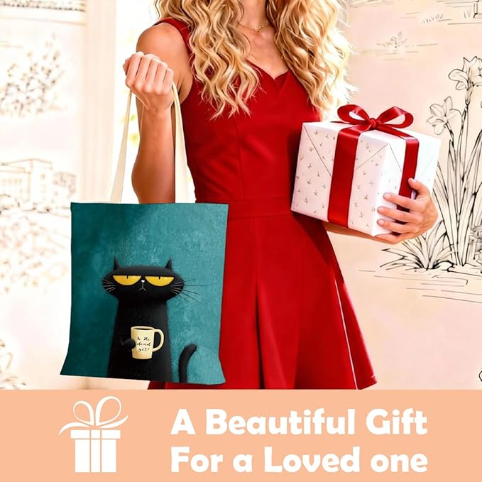 Funny Black Cat Coffee Canvas Tote Bag for Women, Grumpy Cat Lover Gift Reusable Grocery Shopping Shoulder Bag, Aesthetic Black Cats Tote for Work Beach Gym