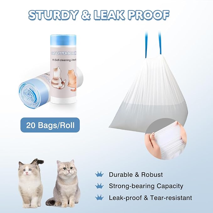 60 Count Self-Cleaning Cat Litter Box Liners Compatible With MW-SC01/MW-SC02/MW-LR01, Drawstring Heavy Duty Kitty Waste Bags Disposable Receptacles Bags Trash Bag -18" x 12.6"