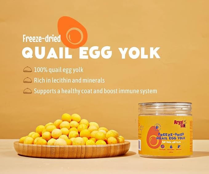 Arya Sit! - Freeze-Dried Single Ingredient Treat (Quail Egg Yolk) for Dogs and Cats - High Protein · Rich in Lecithin for Healthy Coat · No Artificial Ingredients · 4 oz/8 oz