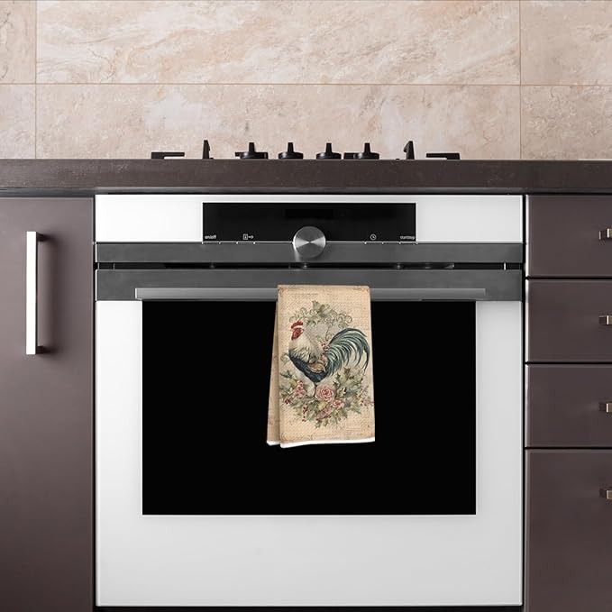 Lovdazzles Vintage Rooster Kitchen Towels, Rustic Decorative Absorbent Microfiber Dish Cloth Tea Towel, Chicken Waffle Soft Hand Towels for Farmhouse Home Bathroom Kitchen Decor, Rooster Gifts