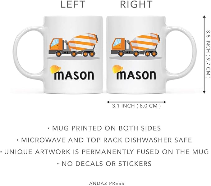 Andaz Press Personalized 11oz. Kids Hot Chocolate Mug, Orange Construction Truck Cement Truck, 1-Pack, Custom Child’s Birthday Christmas Coffee Cup